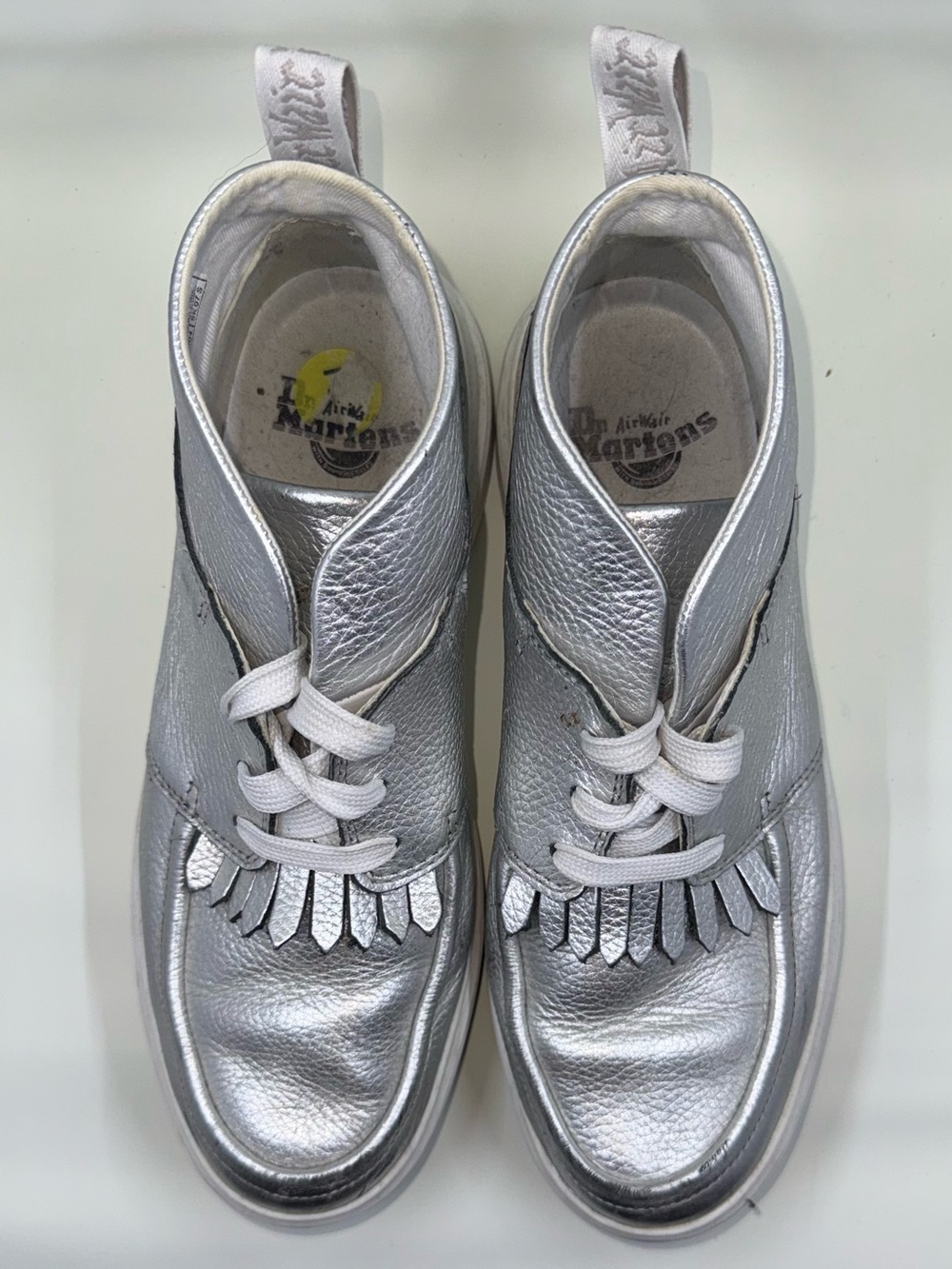 Dr. Martens Metallic Silver Leather Fringe Lace-Up Shoes